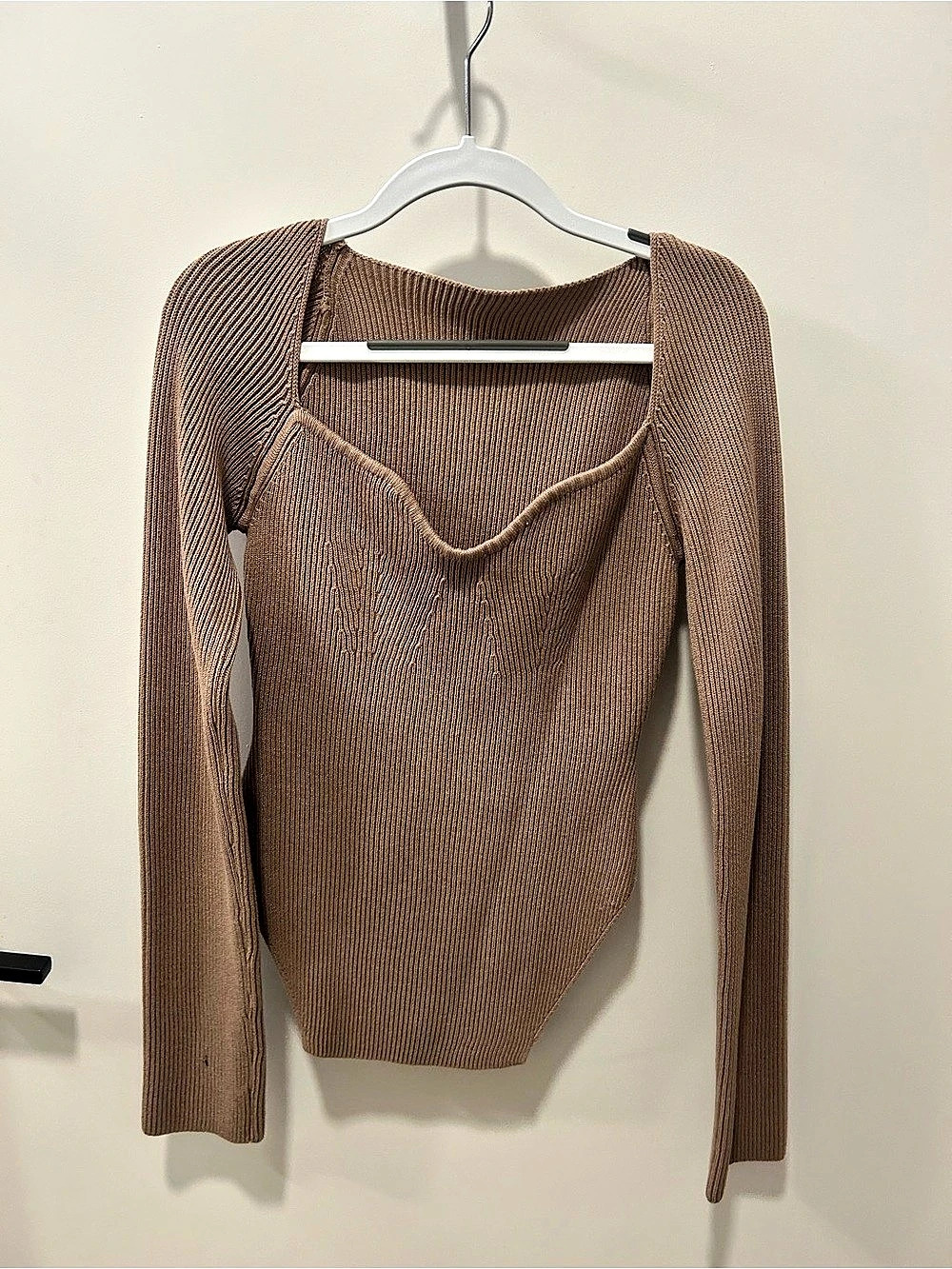 Commense Sweetheart Long Sleeve Knit Top Bodysuit Brown Small